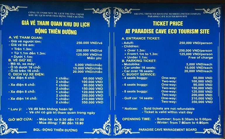 giá vé khi tham quan tại động thiên đường 